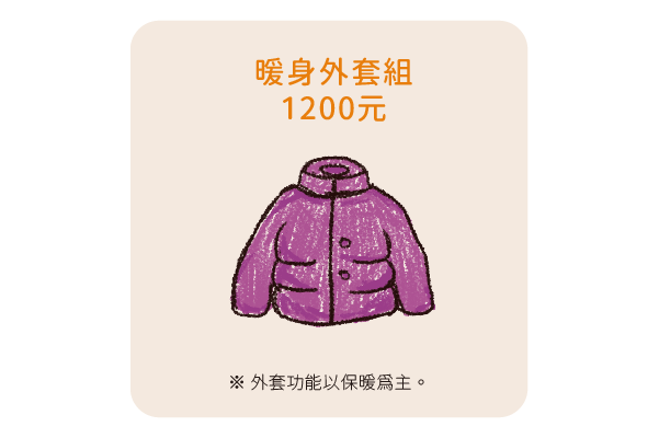 保暖外套依據實際嘉護需求採購羽絨外套、羽絨背心、發熱衣等