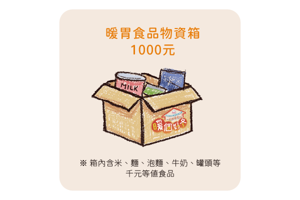 物資箱內含米、麵條、泡麵、牛奶、罐頭、油等等值千元的食品